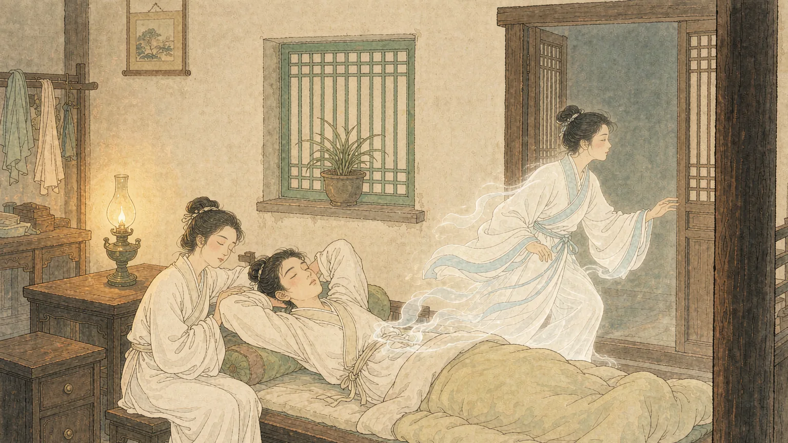 A young man asleep on a wooden bed with a faint spirit rising from him, warm lamplight - Chinese ghost story illustration