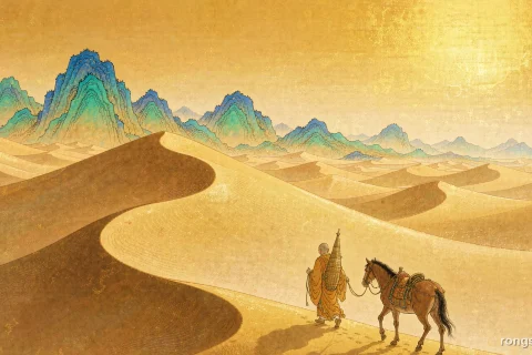 Illustration for a Chinese historical figure story: a lone monk in ochre robes leading a thin brown horse across vast golden desert dunes at bright dawn, with blue-green mountains on the horizon
