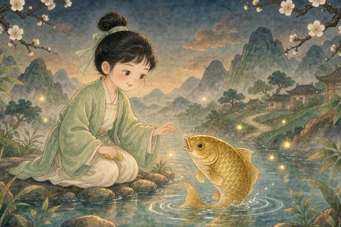 Illustration of Ye Xian, the Chinese Cinderella, kneeling by a mountain pond as a golden fish rises from the water