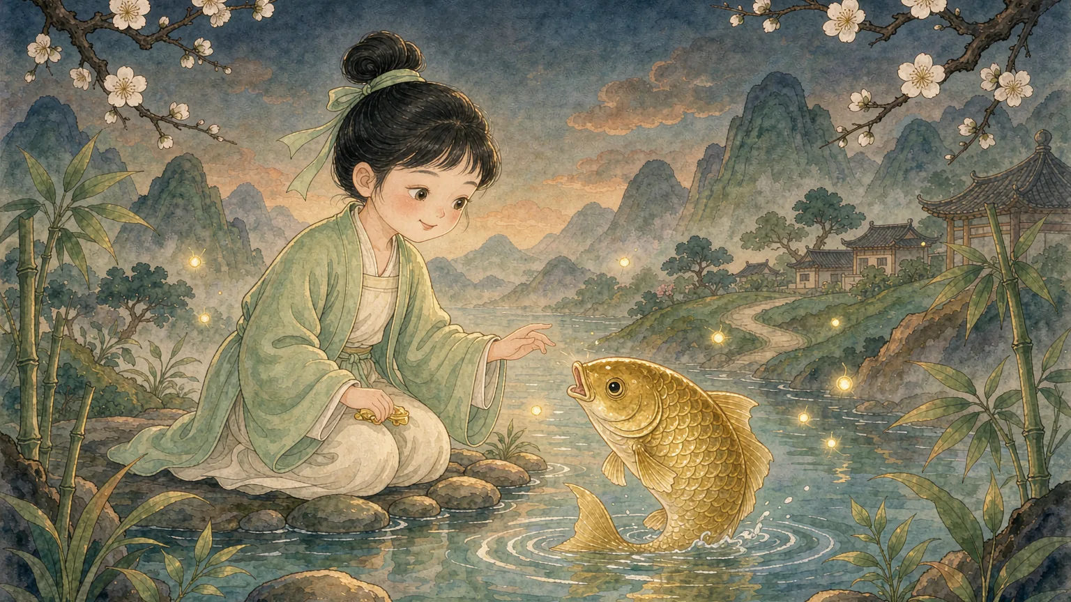 Illustration of Ye Xian, the Chinese Cinderella, kneeling by a mountain pond as a golden fish rises from the water