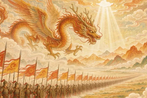 A great winged dragon flying low over a long line of ancient soldiers with vermilion banners, a bright shaft of golden sunlight breaking through the cloud - illustration for the Chinese myth of the battle of Zhuolu