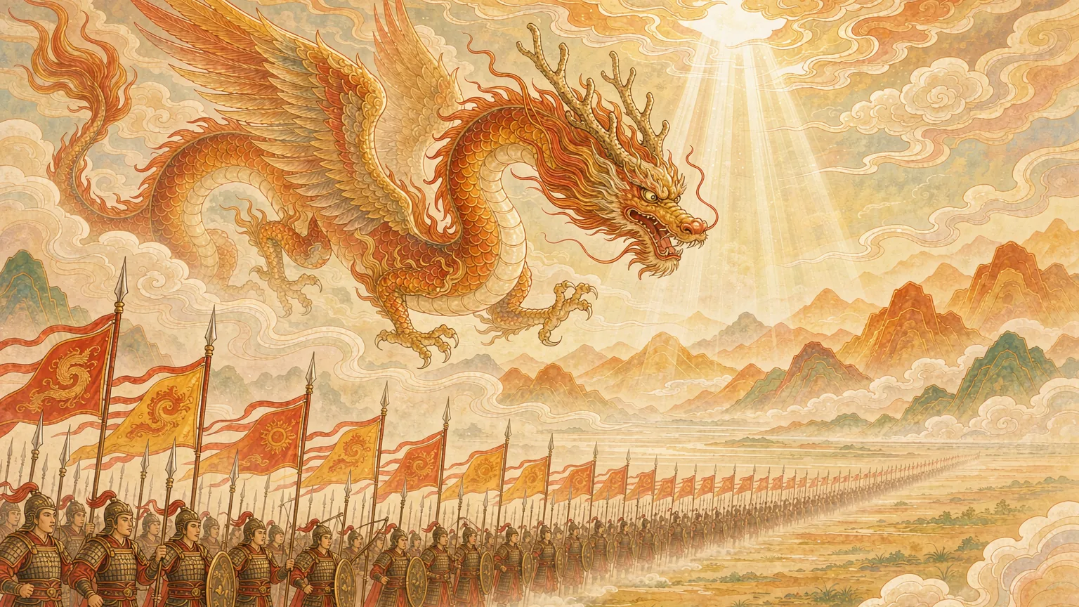 A great winged dragon flying low over a line of ancient soldiers with vermilion banners - Chinese mythology illustration