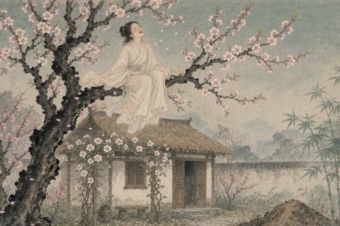 A young woman in pale robes sitting up in a blossoming apricot tree above a thatched cottage, laughing, with an unmarked grave mound sinking into the weeds beyond the garden wall - illustration for the Chinese ghost story Yingning