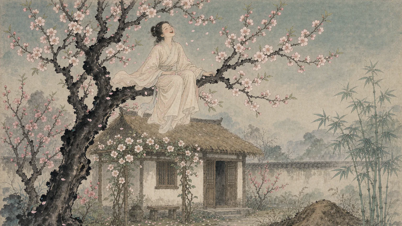 A young woman laughing in a blossoming apricot tree above a thatched cottage - Chinese ghost story illustration