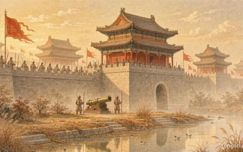 Illustration for a Chinese historical figure story: the grey brick walls and gate towers of the Ming capital at dawn with armoured soldiers and tall red banners along the battlements, a bronze cannon at the foot of the wall above a sunlit moat