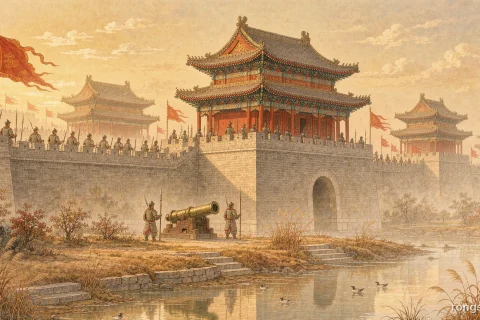 Illustration for a Chinese historical figure story: the grey brick walls and gate towers of the Ming capital at dawn with armoured soldiers and tall red banners along the battlements, a bronze cannon at the foot of the wall above a sunlit moat