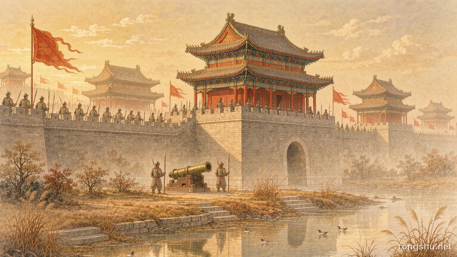 Ming city walls at dawn with soldiers and red banners - Chinese historical figure illustration