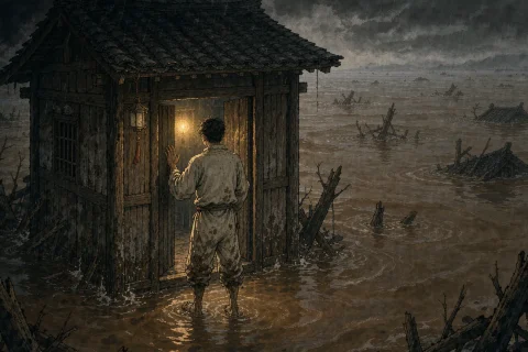 A lone ancient Chinese man in rain standing before the lit doorway of a small house with one hand lifted but not knocking, an immense flooded plain stretching behind him - illustration for the Chinese flood myth of Yu the Great