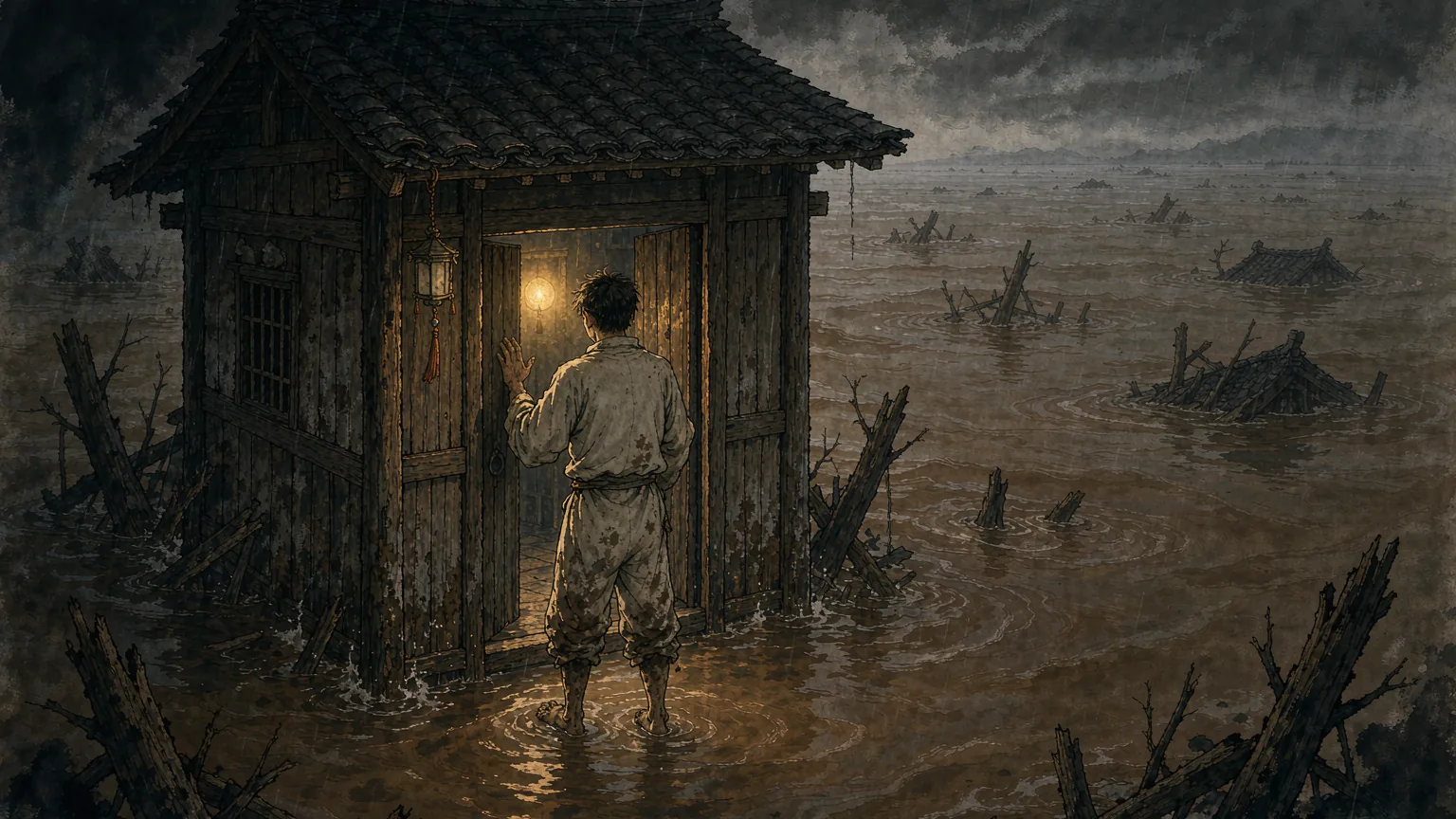 A man in rain standing before a lit doorway he does not enter, with a flooded plain behind him - Chinese mythology illustration