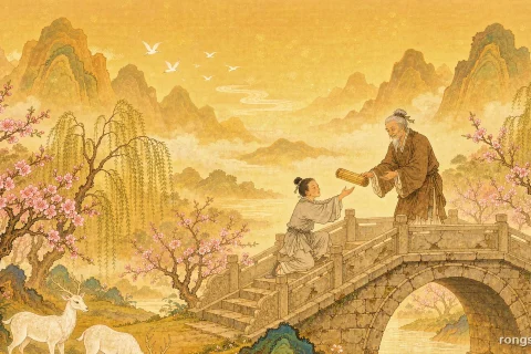 Illustration for a Chinese historical figure story: an old sage in hemp robes handing a rolled scroll to a kneeling young scholar on an arched stone bridge at golden dawn, with peach blossom and willows along the riverbank