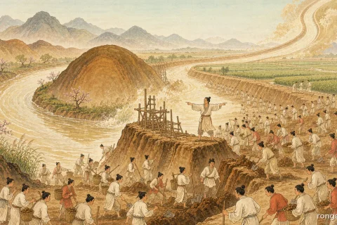 Illustration for a Chinese history story: labourers carrying baskets of earth along a half-dug canal in bright golden light, an engineer standing on a mound with his arm outstretched, the muddy Jing river bending between ochre hills and green millet fields beyond