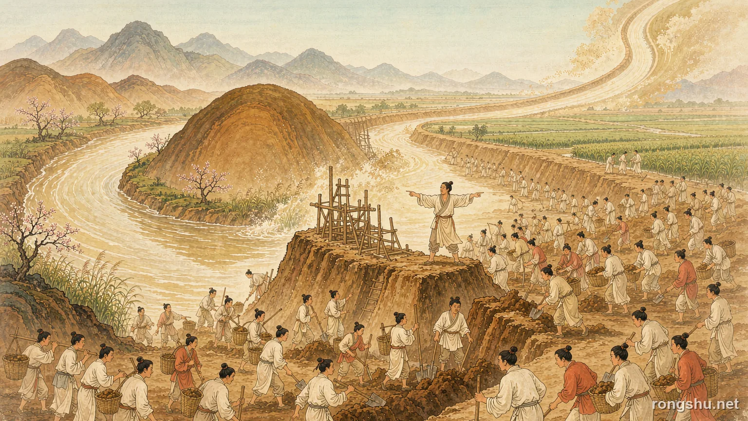 Labourers carrying baskets of earth along a half-dug canal in bright golden light - Chinese history illustration