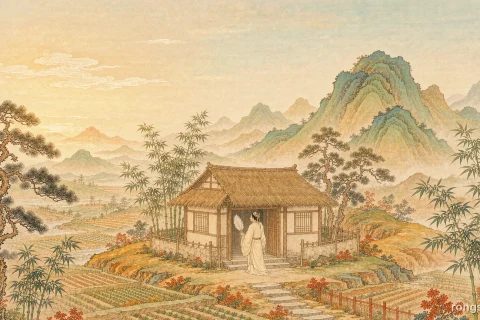 Illustration for a Chinese historical figure story: a Chinese scholar in a cream robe with a silk headband and a white feather fan standing at the door of a thatched cottage on a terraced hillside, pine and bamboo around him, layered green hills beyond