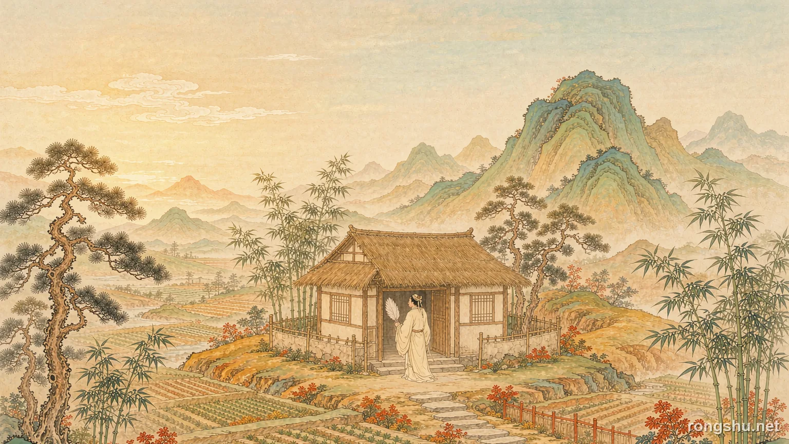 A Chinese scholar with a silk headband and a white feather fan at the door of his thatched cottage on a terraced hillside - Chinese historical figure illustration